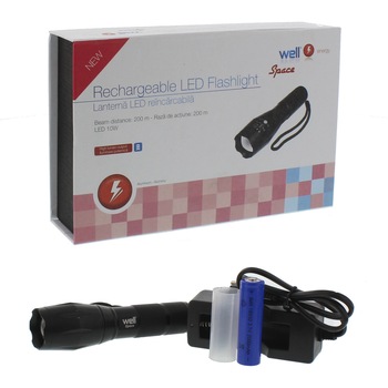 Lanterna LED reincarcabila Well Space, 10W, 600 lm, Li-Ion 1200mAh, Aluminiu Lanterna LED reincarcabila Well Space, 10W, 600 lm, Li-Ion 1200mAh, Aluminiu
