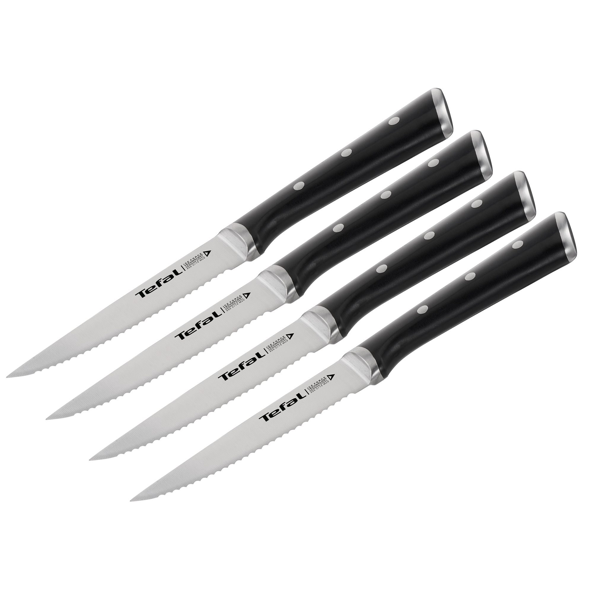 Set de 4 cutite pentru friptura Tefal Ice Force, lama 11 cm, inox, maner plastic, compatibilitate cu masina de spalat vase, negru & argintiu
