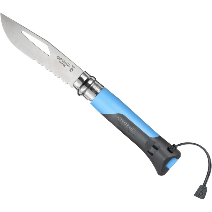 Briceag de buzunar multifunctional Opinel No. 08 Outdoor Blue 001576 cu lama inox partial zimtata, deschizator cataramelor, fluier de urgenta 110 dB si maner bicolor rezistent la apa ideal pentru drumetii si camping