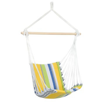 Hamac tip scaun, galben-albastru, cu bara din lemn, 104 x 56 cm, usor de impachetat si transportat Hamac tip scaun, galben-albastru, cu bara din lemn, 104 x 56 cm, usor de impachetat si transportat