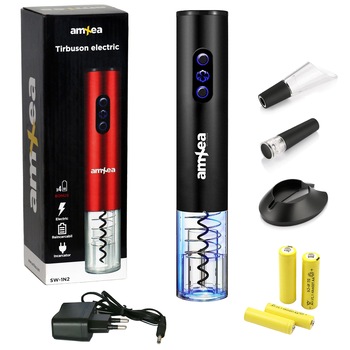 Tirbuson vin electric amXea Negru, reincarcabil, accesoriu taiat folie, aerator, dop pompa vid, bonus 4 acumulatori, full automat, cadou ideal Tirbuson vin electric amXea Negru, reincarcabil, accesoriu taiat folie, aerator, dop pompa vid, bonus 4 acumulatori, full automat, cadou ideal