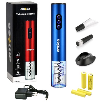 Tirbuson vin electric amXea Albastru, reincarcabil, accesoriu taiat folie, aerator, dop pompa vid, bonus 4 acumulatori, full automat, cadou ideal Tirbuson vin electric amXea Albastru, reincarcabil, accesoriu taiat folie, aerator, dop pompa vid, bonus 4 acumulatori, full automat, cadou ideal