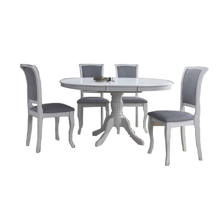 Set masa lemn extensibila + 4 scaune lemn aspect clasic, elegant, din lemn culoare alba, tapiterie gri