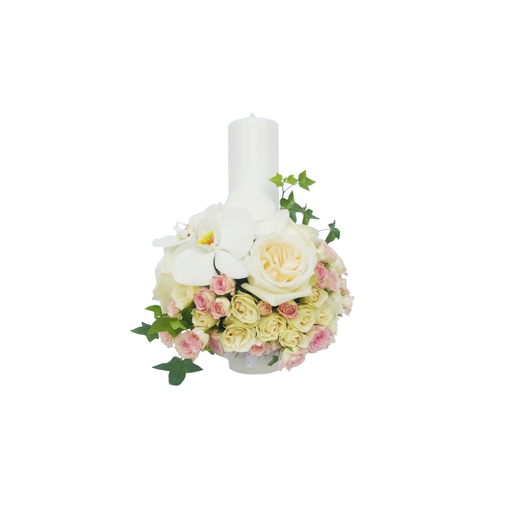 Lumanare de botez cu aranjament floral, Splendor, Multicolor, 40X20 cm