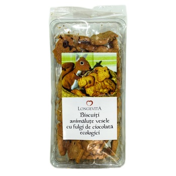 Biscuiti Animalute Vesele cu fulgi de ciocolata, Bio, 140g, Longevita Biscuiti Animalute Vesele cu fulgi de ciocolata, Bio, 140g, Longevita