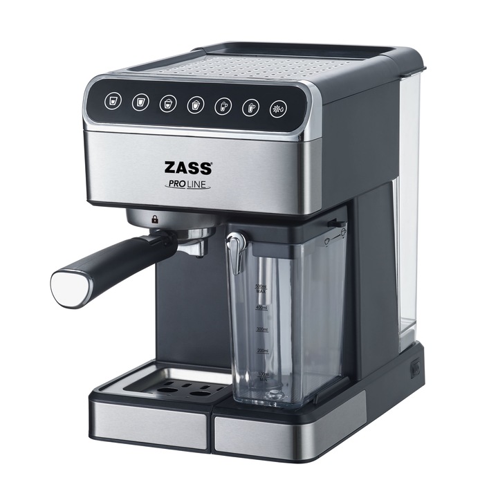 Еспресо машина Zass ZEM 10, Налягане 16 бара, Мощност 1350W, Резервоар за вода 1,8 л, Резервоар за мляко 0,5 л, Работа със смляно кафе и тип ESE, Сензорен панел, Корпус от неръждаема стомана