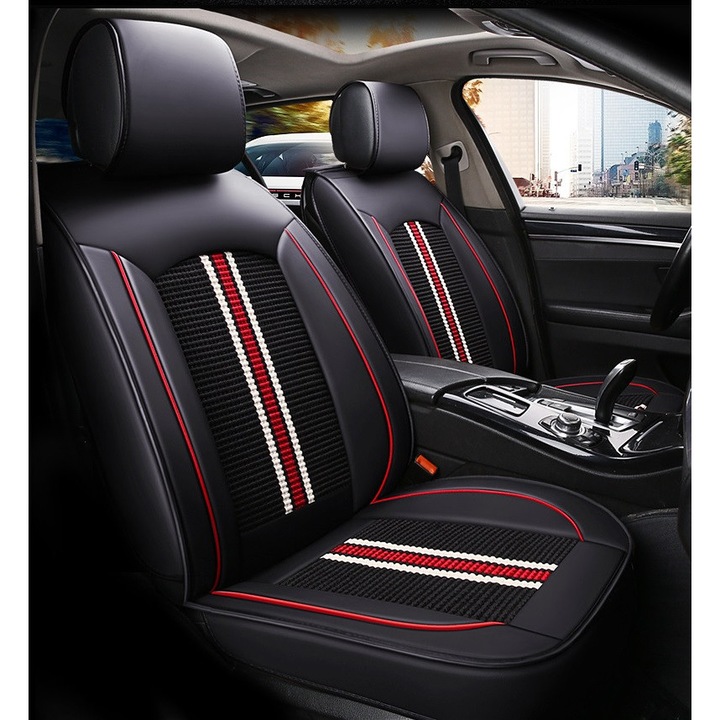 Set Huse Scaune Auto Universale Lux Sport, Piele Ecologica-Textil, Negru/Rosu, 9 piese