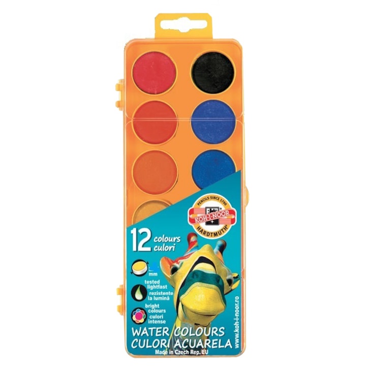 Комплект акварелни бои Koh-I-Noor, 12 цвята, Диаметър на пастелите 30 мм, Оранжева основа