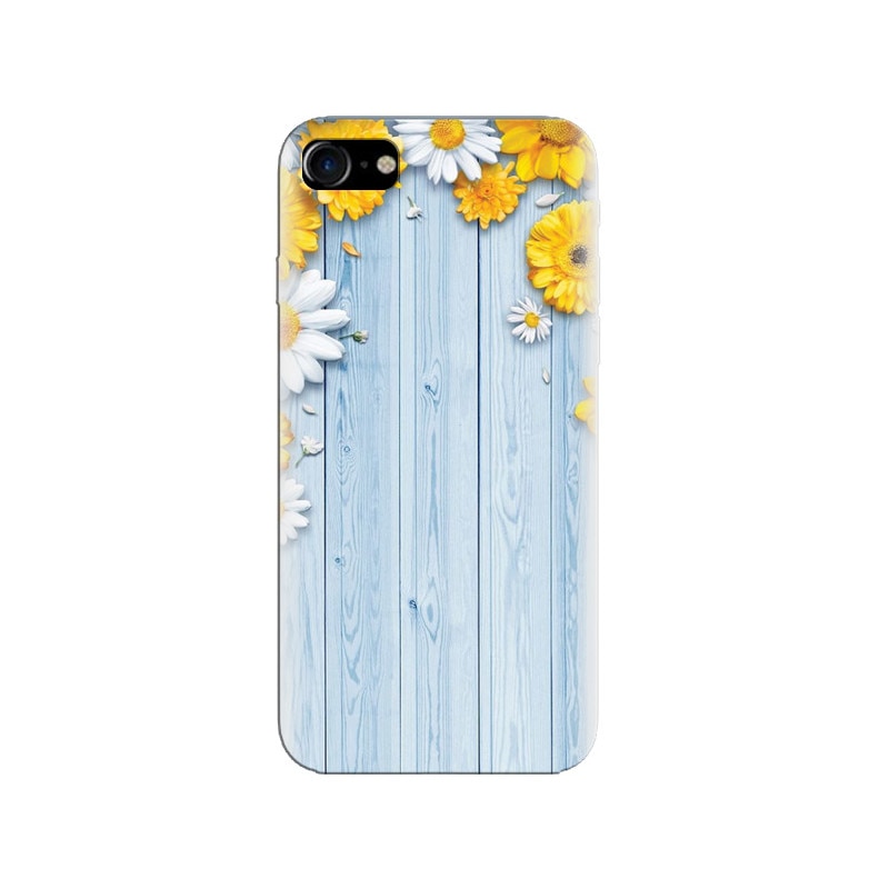 Husa silicon pentru Apple Iphone 8, Sunflower On Blue Wood