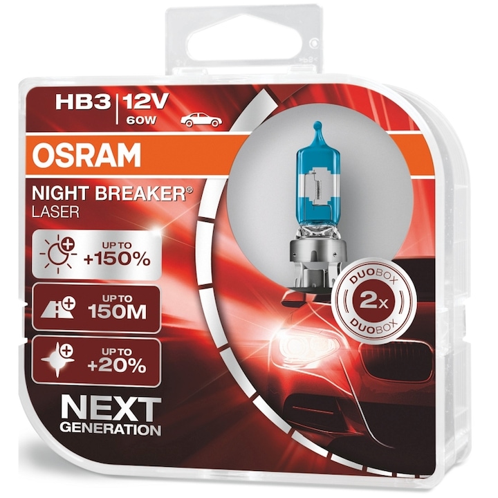 Osram HB3 Night Breaker Laser 2 darabos halogén autós izzó készlet, + 150%, 60W, 12V