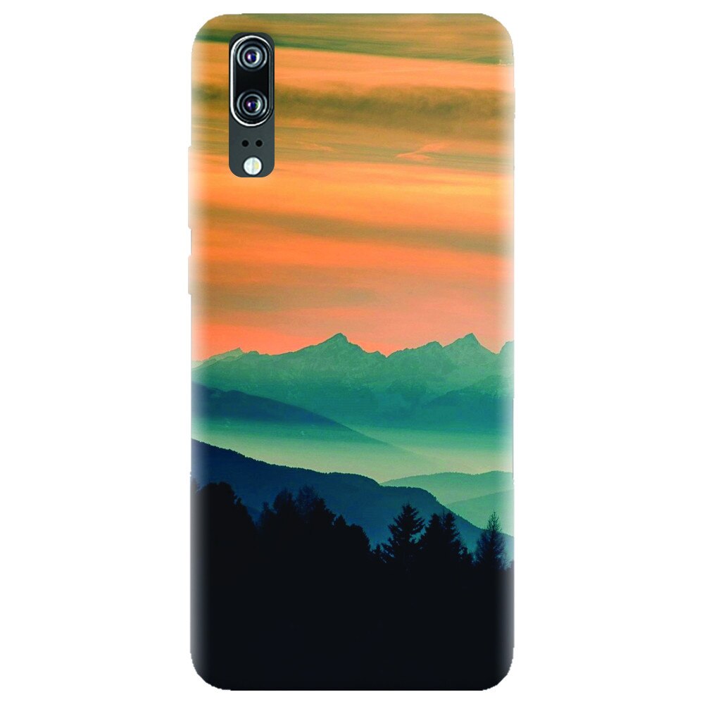Husa silicon pentru Huawei P20, Blue Mountains Orange Clouds Sunset Landscape