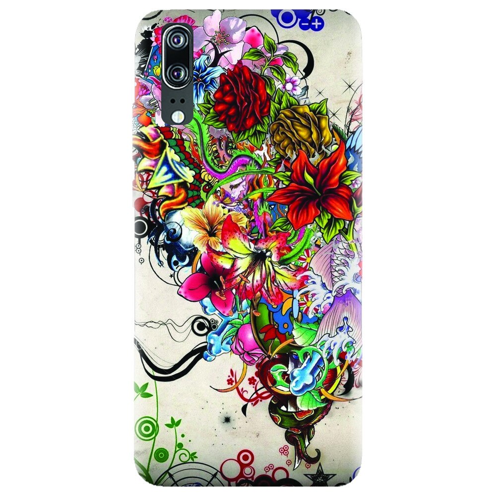 Husa silicon pentru Huawei P20, Abstract Flowers Tattoo Illustration