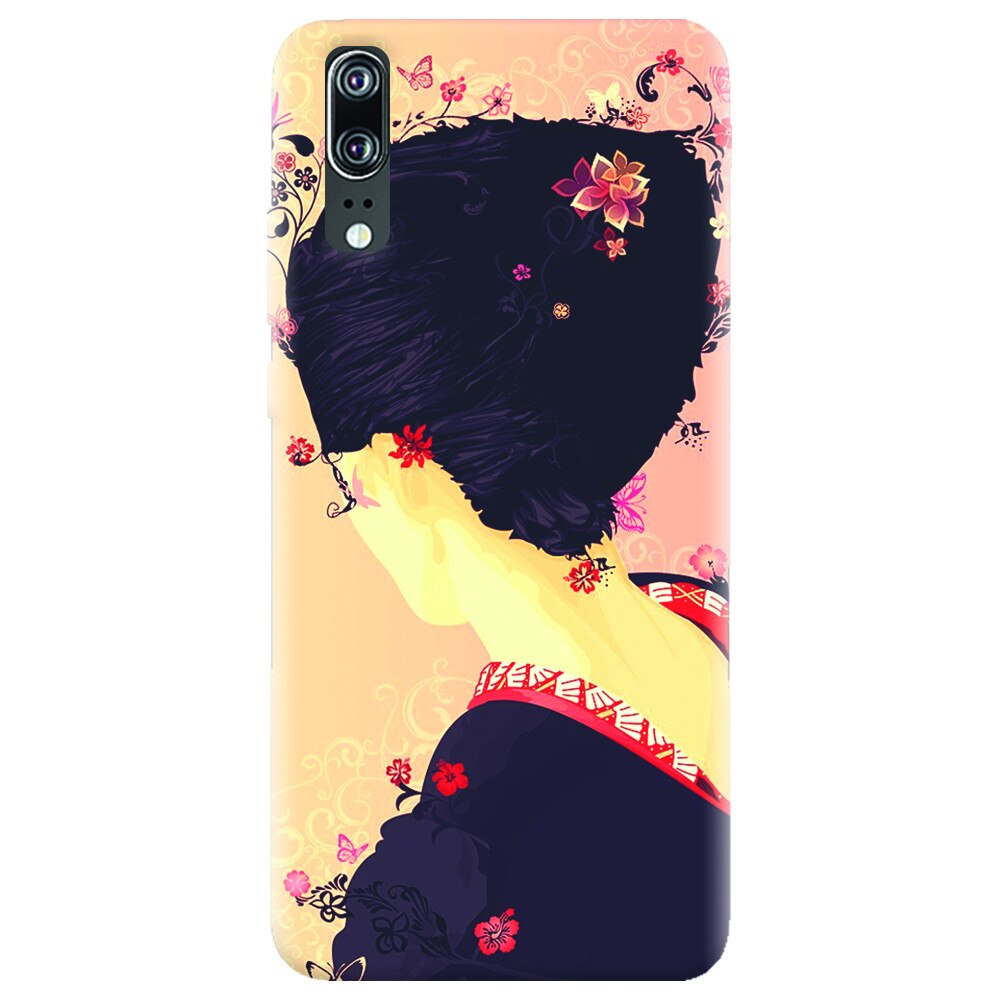 Husa silicon pentru Huawei P20, Japanese Geisha Illustration Cherry Blossom