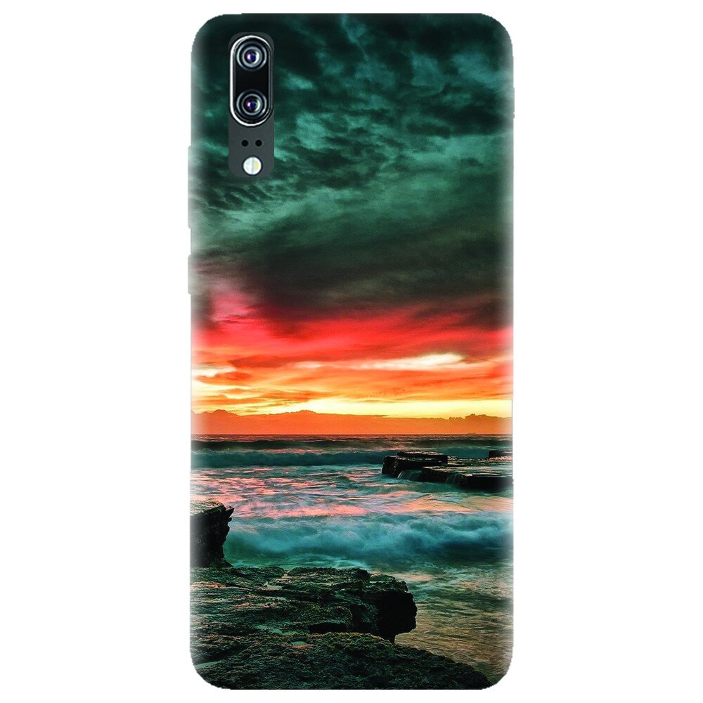 Husa silicon pentru Huawei P20, Dramatic Rocky Beach Shore Sunset