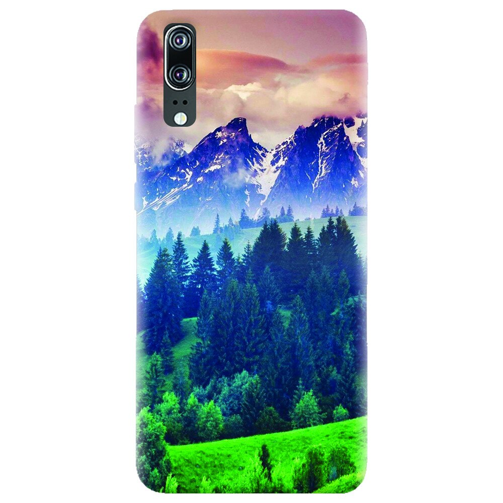 Husa silicon pentru Huawei P20, Forest Hills Snowy Mountains And Sunset Clouds