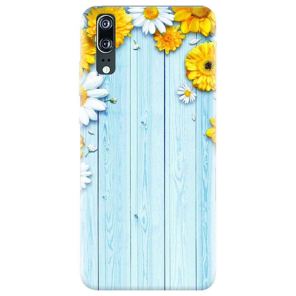 Husa silicon pentru Huawei P20, Sunflower On Blue Wood