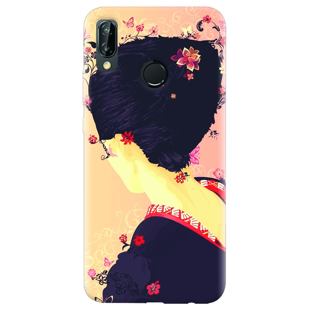 Husa silicon pentru Huawei P20 Lite, Japanese Geisha Illustration Cherry Blossom