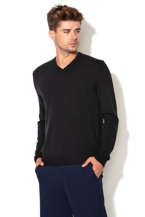 United Colors of Benetton, Pulover de lana virgina cu decolteu in V, Negru