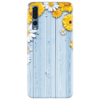 Husa silicon pentru Huawei P20 Pro, Sunflower On Blue Wood Husa silicon pentru Huawei P20 Pro, Sunflower On Blue Wood