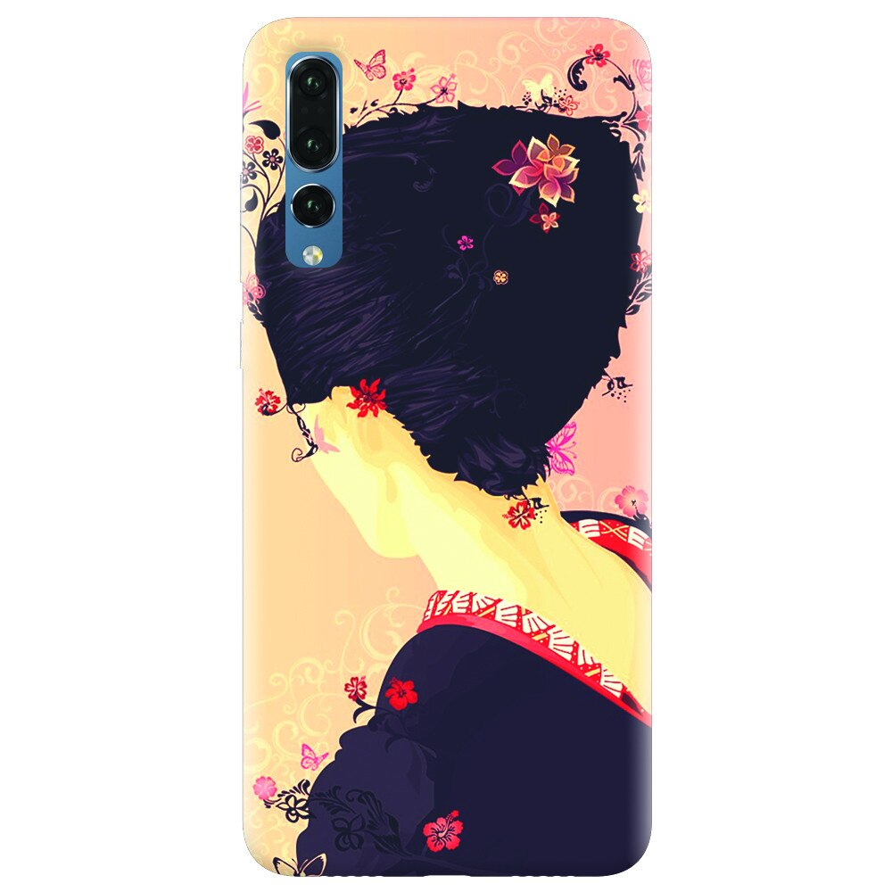 Husa silicon pentru Huawei P20 Pro, Japanese Geisha Illustration Cherry Blossom