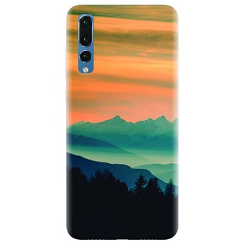 Husa silicon pentru Huawei P20 Pro, Blue Mountains Orange Clouds Sunset Landscape Husa silicon pentru Huawei P20 Pro, Blue Mountains Orange Clouds Sunset Landscape