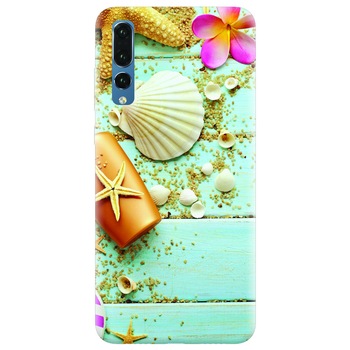 Husa silicon pentru Huawei P20 Pro, Blue Wood Seashells Sea Star Husa silicon pentru Huawei P20 Pro, Blue Wood Seashells Sea Star
