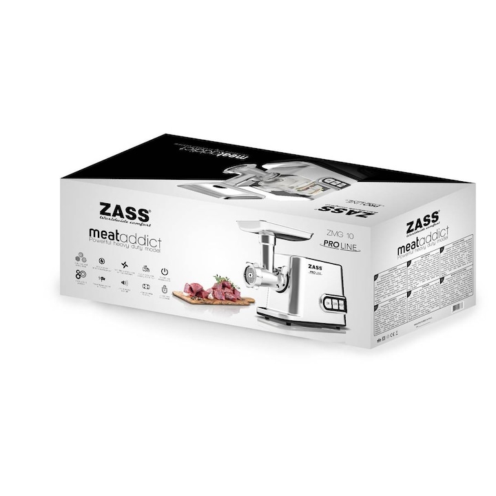 Masina de tocat cu accesoriu de rosii Zass ZMG 10, Putere 3000W, Putere nominala 1200W, Toaca intre 50-70 Kg/ora, Roti dintate metalice, 3 discuri din inox incluse