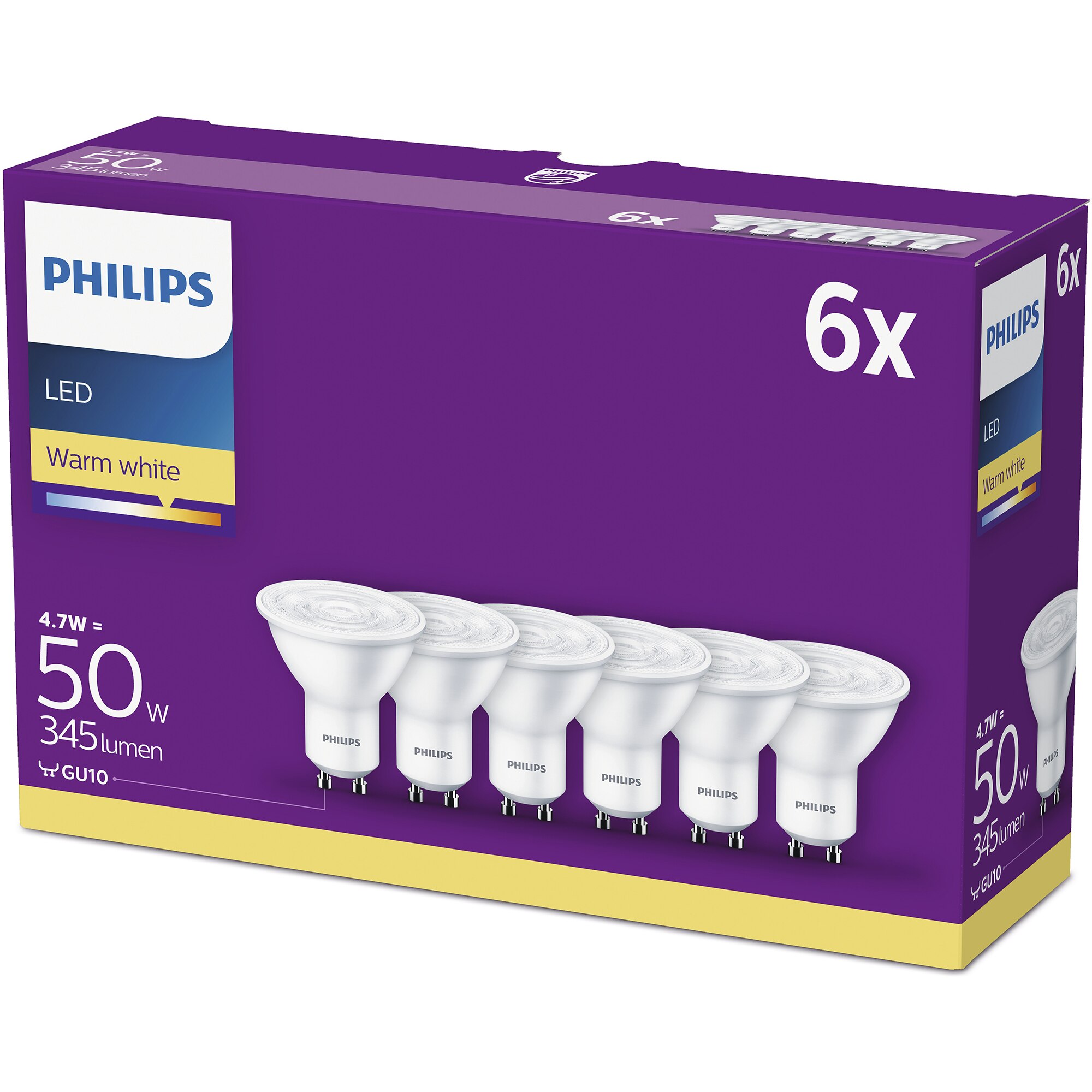 Set 6 Becuri LED Philips, GU10, 4.7W (50W), 345 Lm, A+, Lumina Alba ...