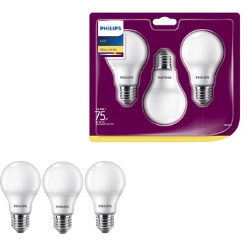 Set 3 becuri LED Philips, E27, 10.5W (75W), 1055 lm, A+, lumina alba calda Set 3 becuri LED Philips, E27, 10.5W (75W), 1055 lm, A+, lumina alba calda