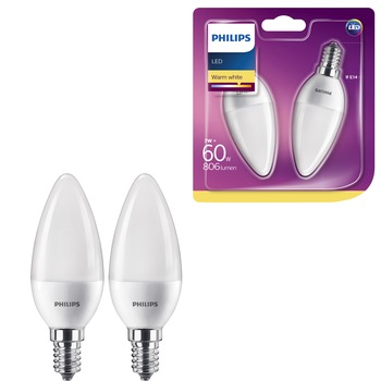 Set 2 becuri LED Philips, E14, 7W (60W), 806 lm, A++, lumina alba calda Set 2 becuri LED Philips, E14, 7W (60W), 806 lm, A++, lumina alba calda