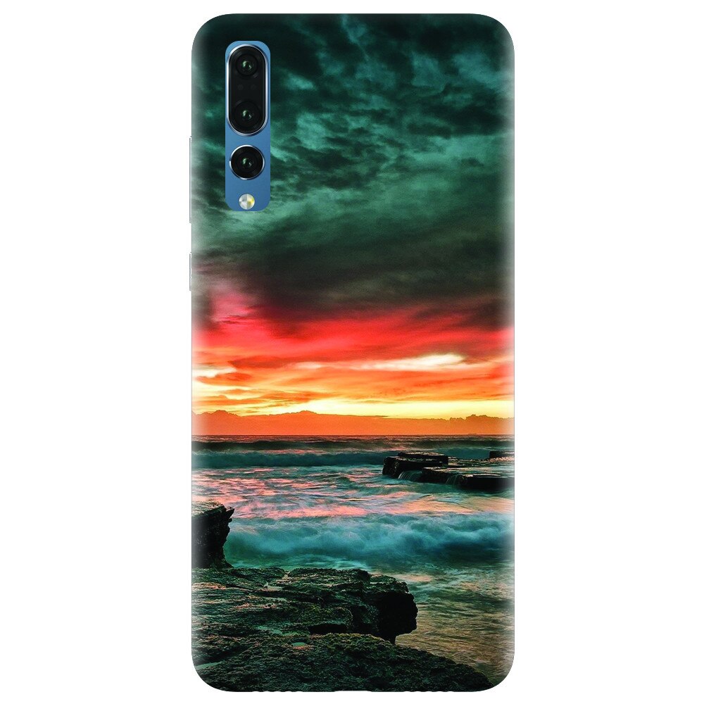Husa silicon pentru Huawei P20 Pro, Dramatic Rocky Beach Shore Sunset