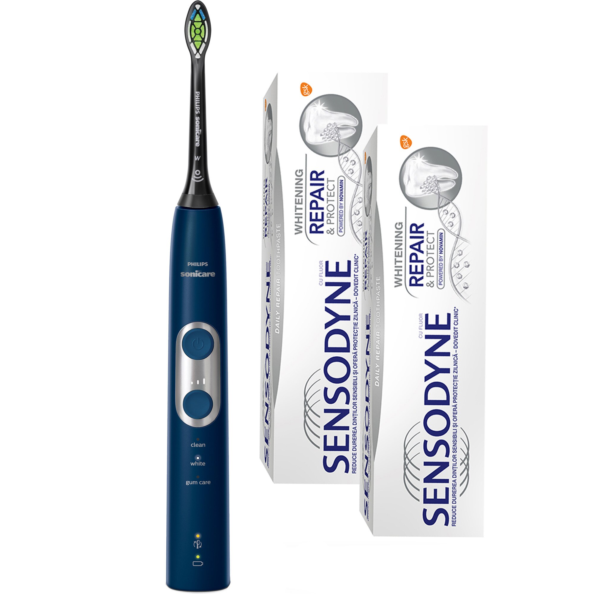 Pachet promo : Periuta electrica sonica Philips Sonicare ProtectiveClean 6100 HX6871/47, 62000 miscari/minut, 3 moduri de curatare, 3 intensitati, senzor presiune, functie BrushSync, 2 capete de periere, toc de transport, Albastru marin + Duo Pack Sensod