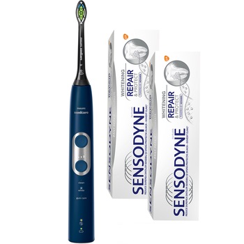 Pachet promo : Periuta electrica sonica Philips Sonicare ProtectiveClean 6100 HX6871/47, 62000 miscari/minut, 3 moduri de curatare, 3 intensitati, senzor presiune, functie BrushSync, 2 capete de periere, toc de transport, Albastru marin + Duo Pack Sensod Pachet promo : Periuta electrica sonica Philips Sonicare ProtectiveClean 6100 HX6871/47, 62000 miscari/minut, 3 moduri de curatare, 3 intensitati, senzor presiune, functie BrushSync, 2 capete de periere, toc de transport, Albastru marin + Duo Pack Sensod
