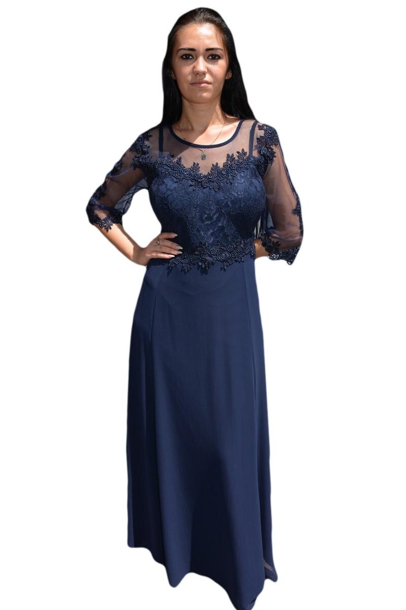 Rochie feminina, lunga de seara,maneci din voal,D&J Exclusive,Bleumarin, Albastru marin