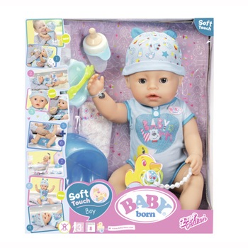 Papusa interactiva Zapf Baby Born - Baiatel, corp moale, bleu, 43 cm, 11 accesorii Papusa interactiva Zapf Baby Born - Baiatel, corp moale, bleu, 43 cm, 11 accesorii