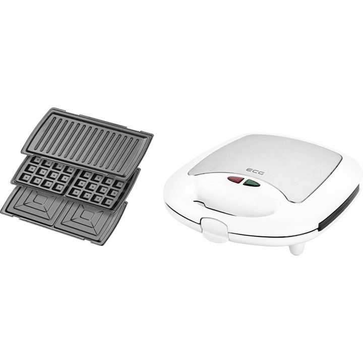 Sandwich-maker ECG S 399 3in1, Alb/Inox, 700W, 3 tipuri de placi detasabile