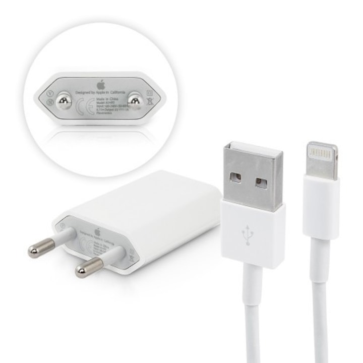 Комплект оригинален USB адаптер Apple MD813ZM/A и оригинален USB кабел Apple MD818ZM/A 1m (Bulk), Бял
