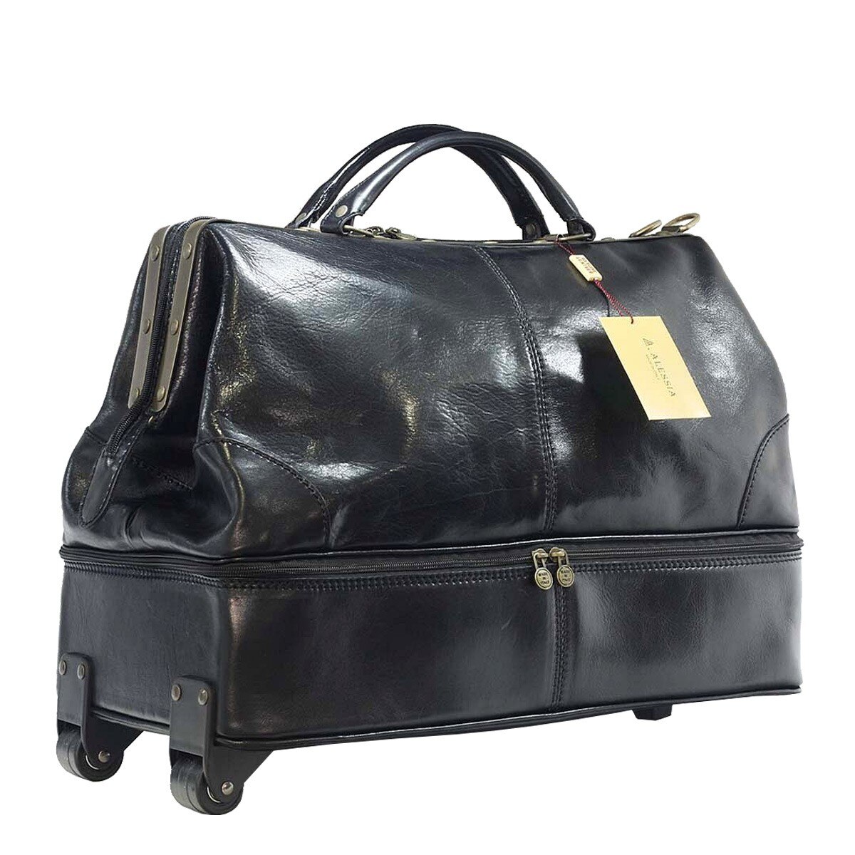 Geanta de voiaj neagra, cu roti, Suveran, din piele naturala vachetta, troler