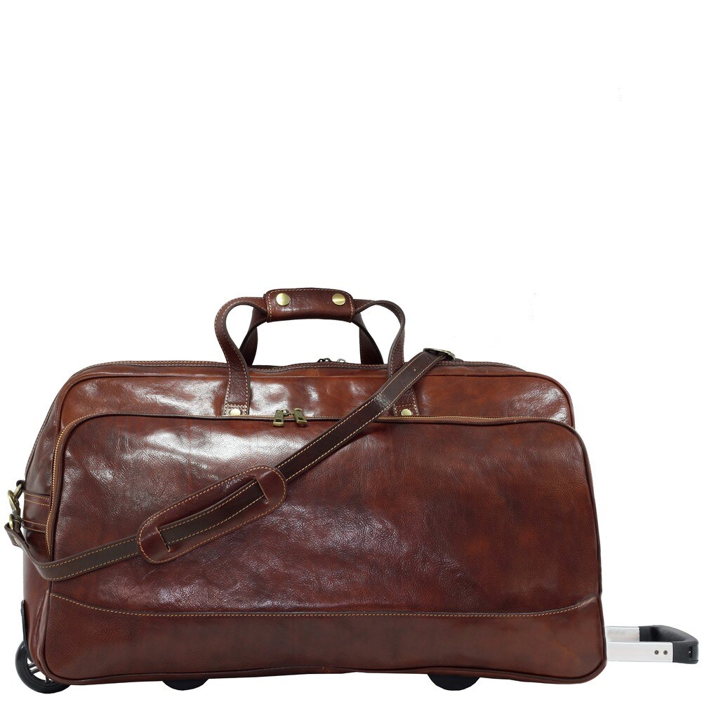 Geanta de voiaj / TROLER, coniac, Suveran, din piele naturala vacchetta, MADE IN ITALY, maner telescopic