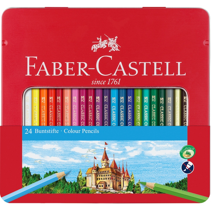 Цветни моливи Faber-Castell, 24 цвята, Метална кутия