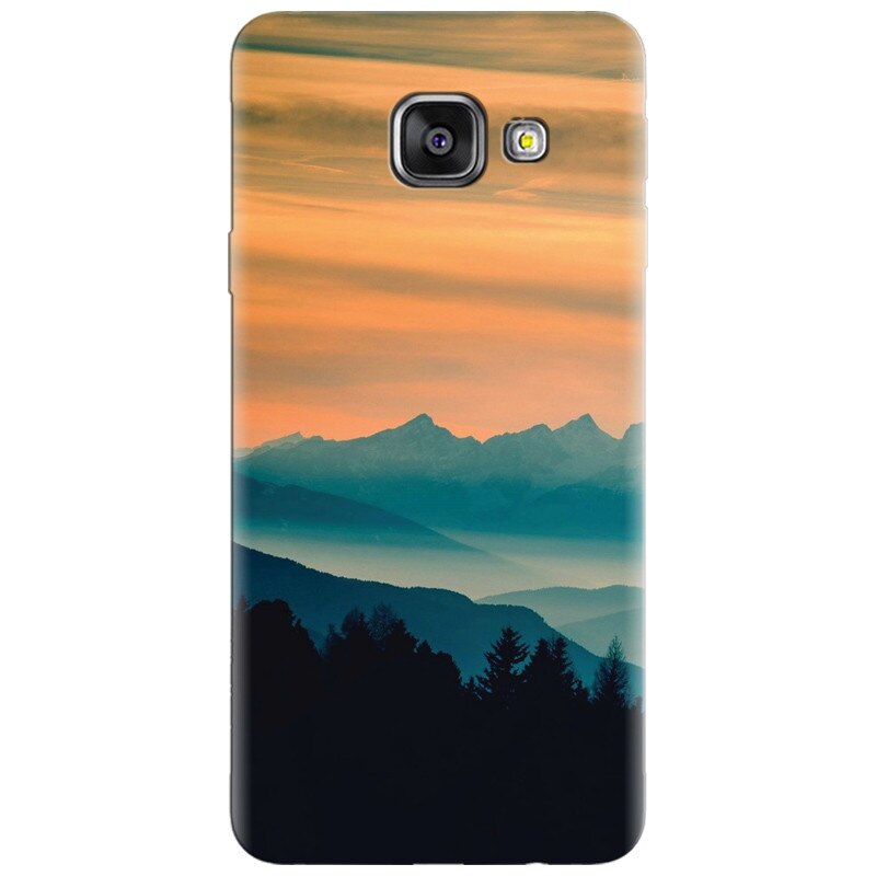 Husa silicon pentru Samsung Galaxy A7 2016, Blue Mountains Orange Clouds Sunset Landscape