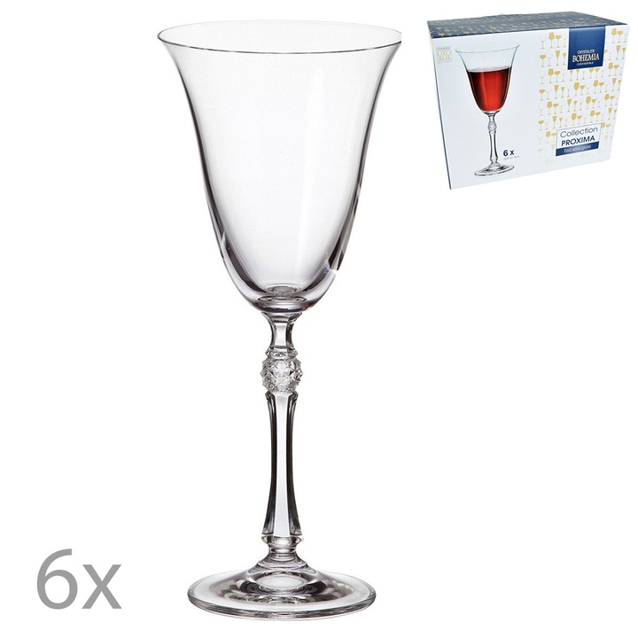 Set 6 pahare cristal pentru vin alb/rose/rosu, cristal Bohemia, Proxima Collection, cu picior, transparent, 250 ml