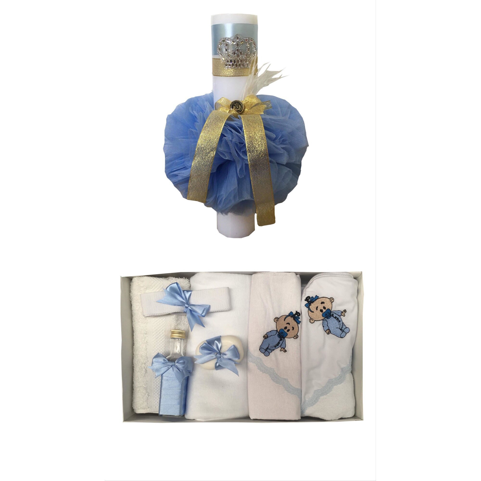 Trusou Brodat cu Bebelus 7 piese si lumanare pentru Botez ,Alb /Bleu