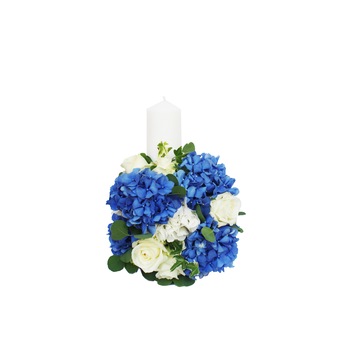 Lumanare de botez cu aranjament floral, Splendor, Alb/Albastru, 35X25 cm Lumanare de botez cu aranjament floral, Splendor, Alb/Albastru, 35X25 cm