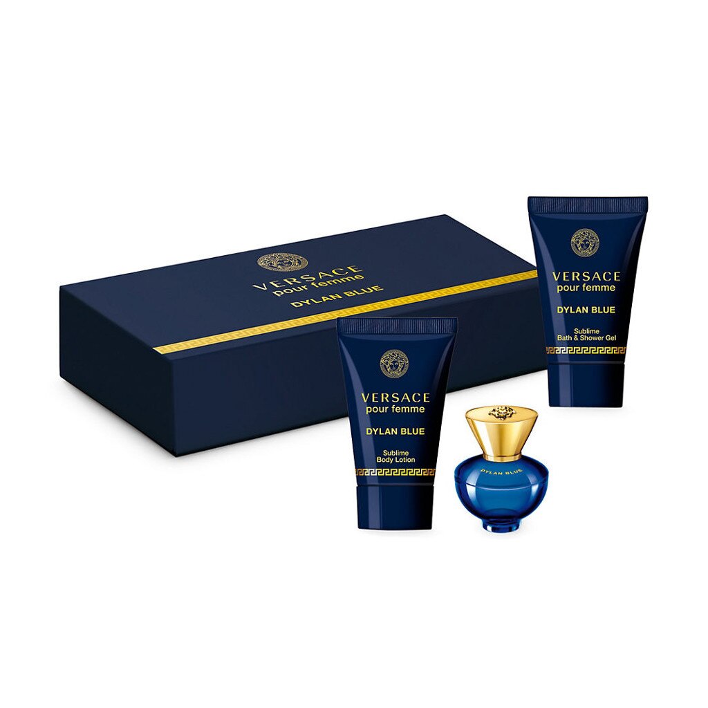 Set Versace Pour Femme Dylan Blue, Femei: Apa de parfum, 5 ml + Gel de dus, 25 ml + Lotiune de corp, 25 ml