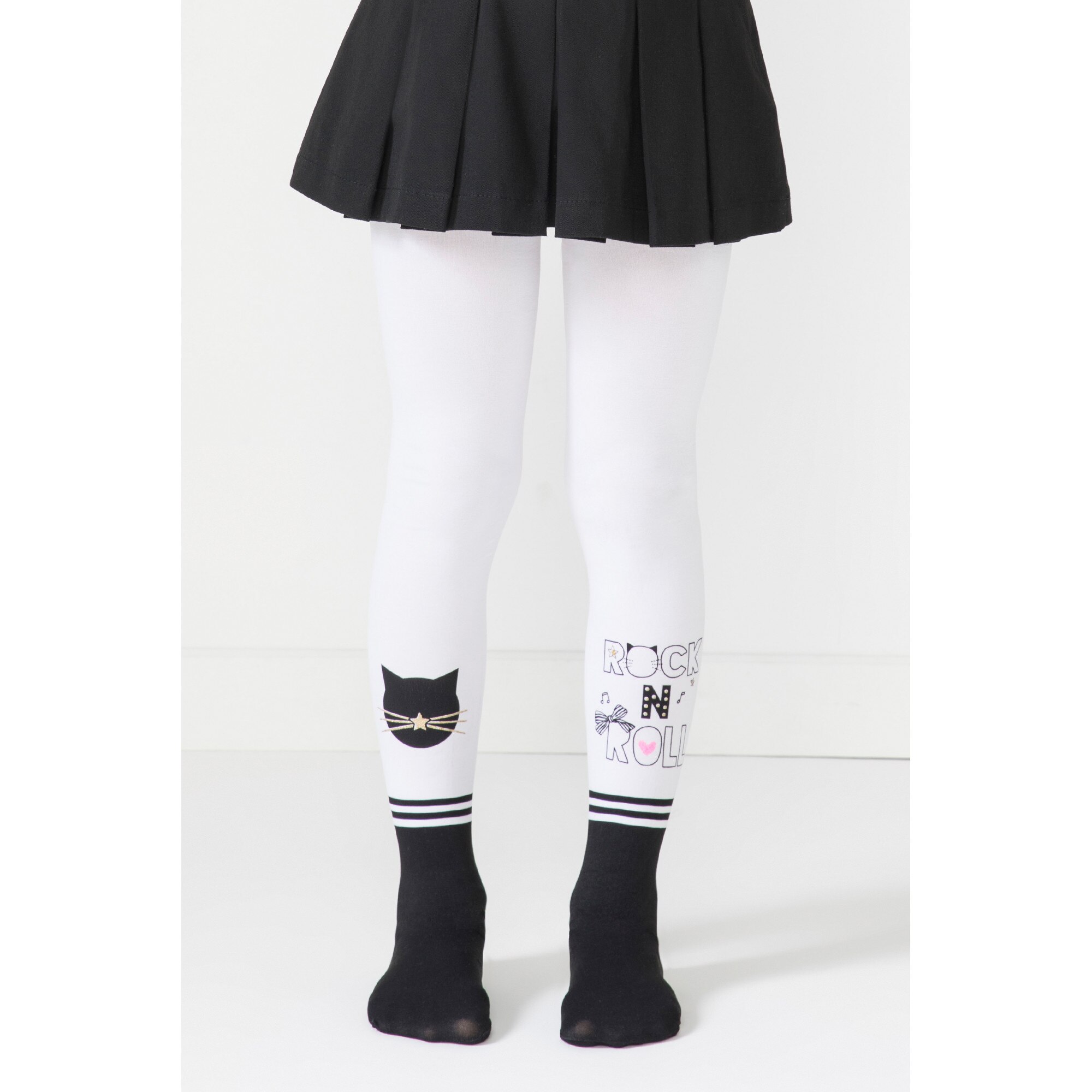 Dres pentru copii CAT ROCKS, Penti, Fibre de bambus, DEN 70, Alb/Negru, 11-13 ani