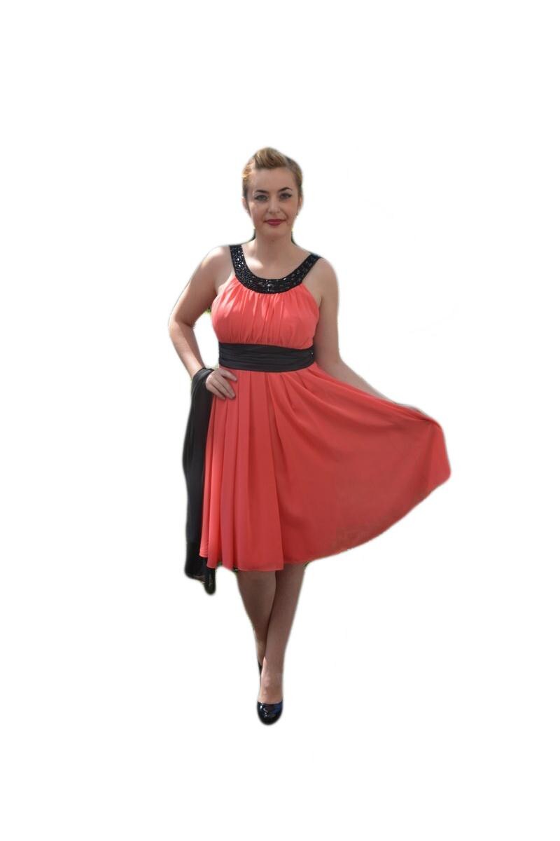 Rochie eleganta cu design de colier din margele negre,D&J Exclusive, Corai