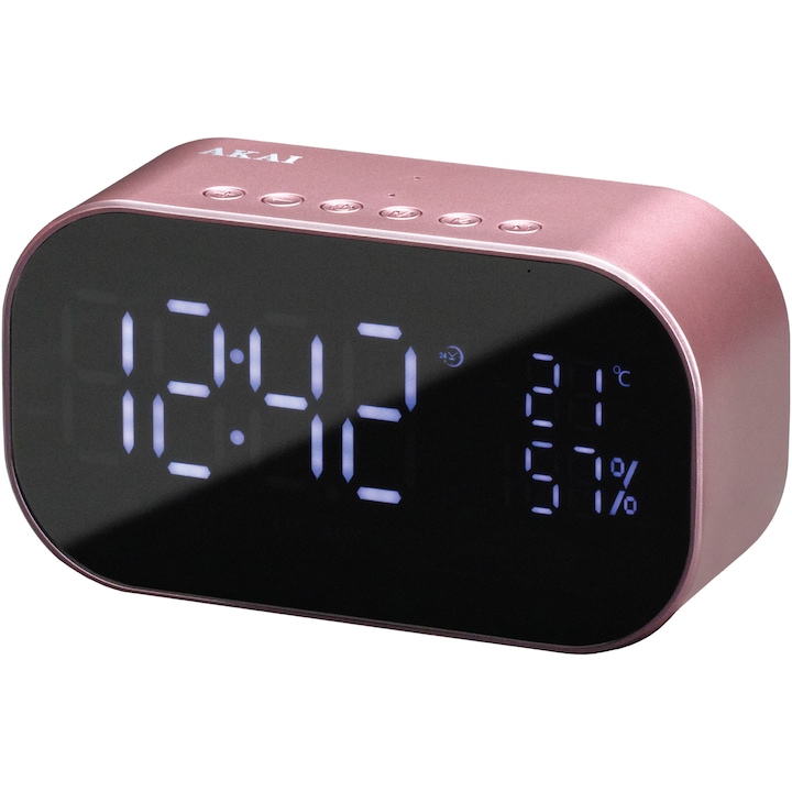 Радио часовник Akai ABTS-S2, Bluetooth, FM радио, Алуминиев корпус, Батерия 1800 mAh, Розов