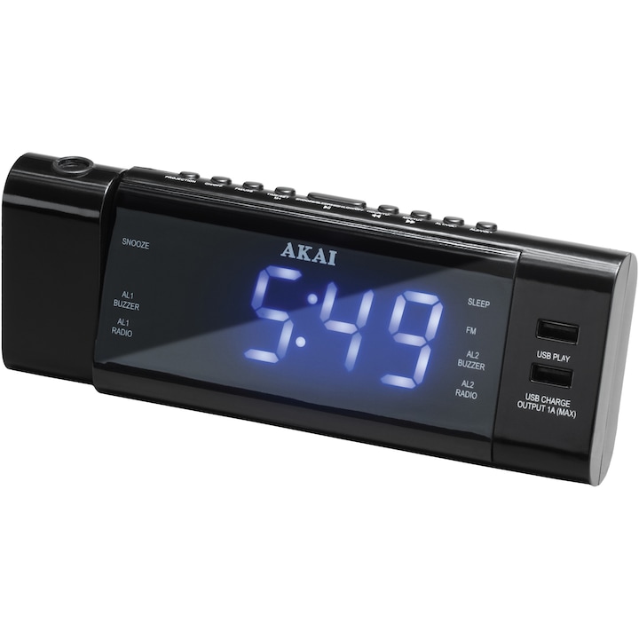 Радио часовник Akai ACR-3888, Проектор, USB зарядно за телефон, Черен