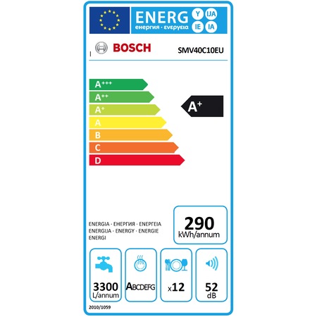 Masina de spalat vase incorporabila Bosch SMV40C10EU, 12 seturi, 4 programe, 1 functie speciala, 60 cm, Clasa A+